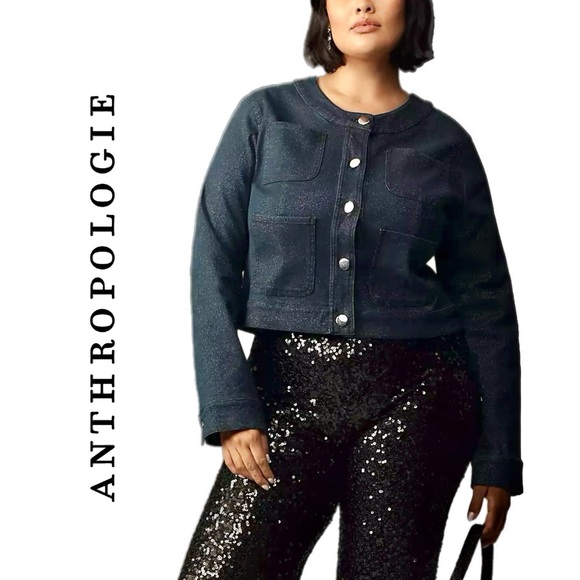 Anthropologie Maeve Cora Patch Pocket Jacket Sparkle Denim Edition - Picture 3 of 12
